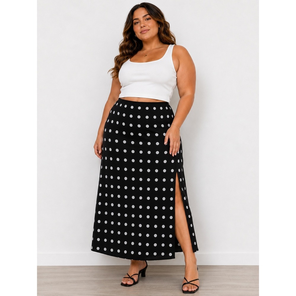 Madewell Polka Dot Midi Skirt Black White Side Slit Viscose Blend Size 14